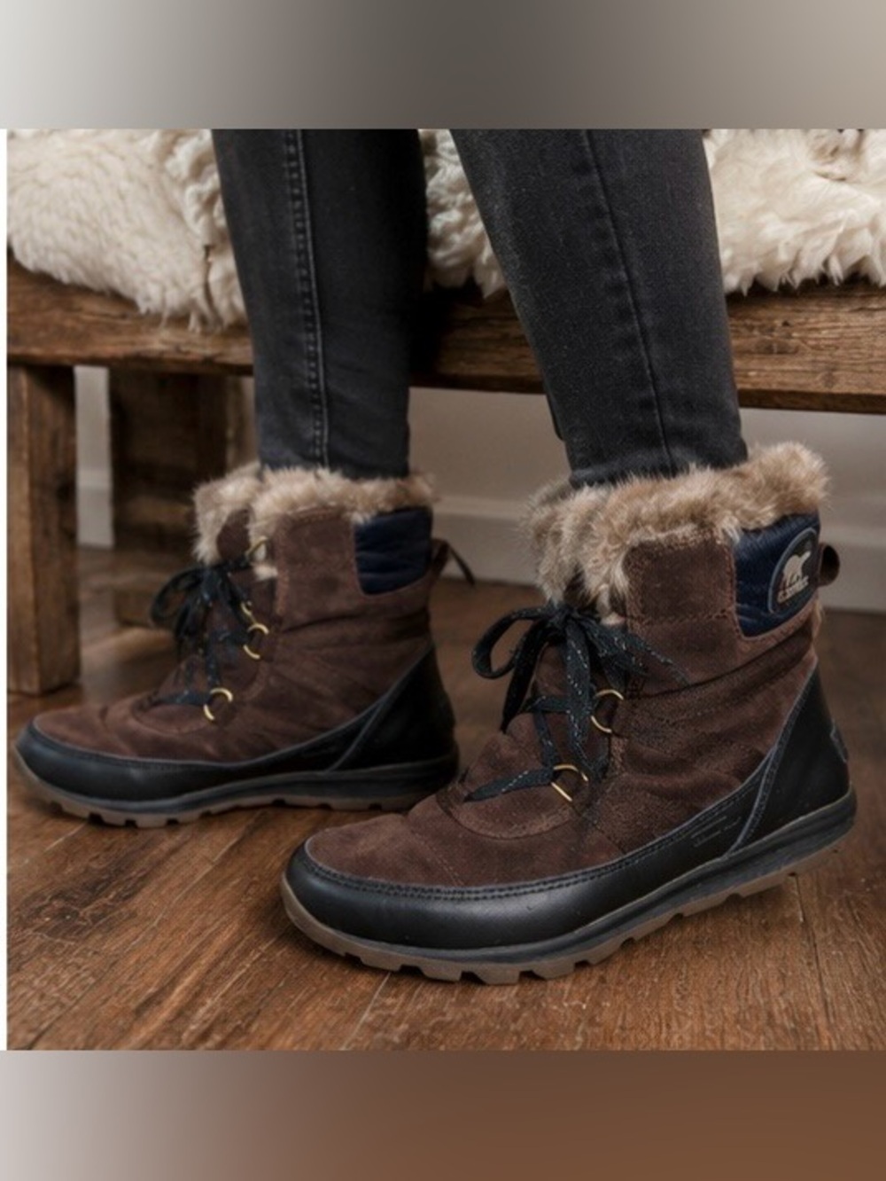 SOREL Faux Fur-Lined Waterproof Winter Lace-Up Snow Boots Brown/Black, Size 9.5